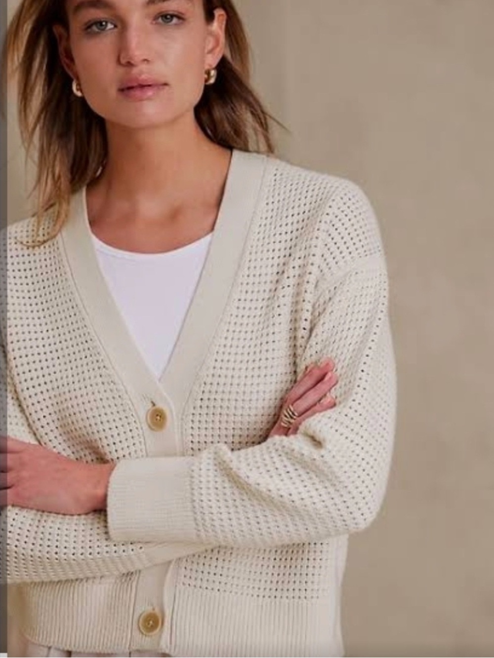 Banana Republic Factory Cream Open-Weave V-Neck Cardigan
